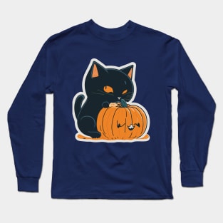 Halloween cute black cat and orange pumpkin Long Sleeve T-Shirt